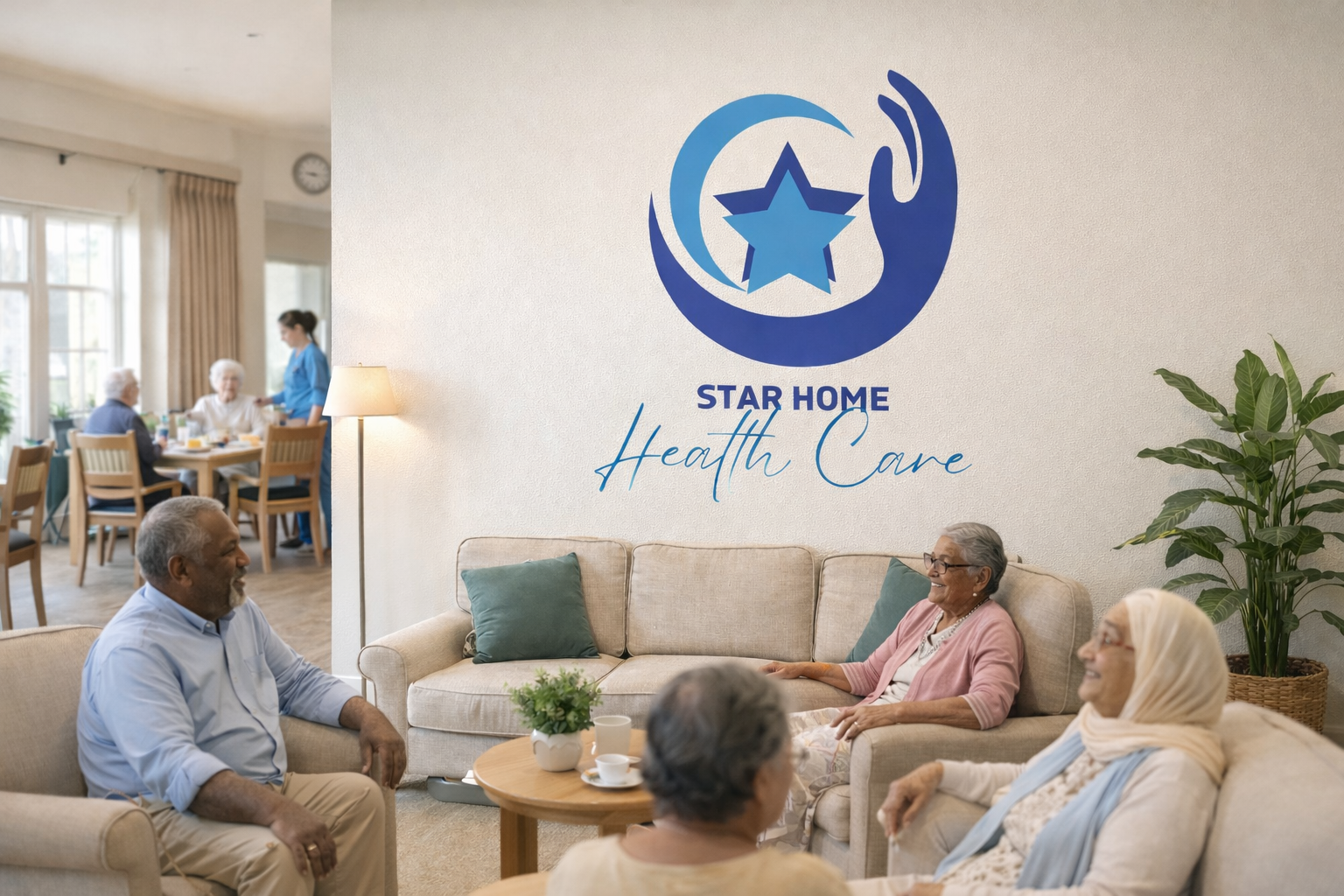 Residents and caregiver sharing time